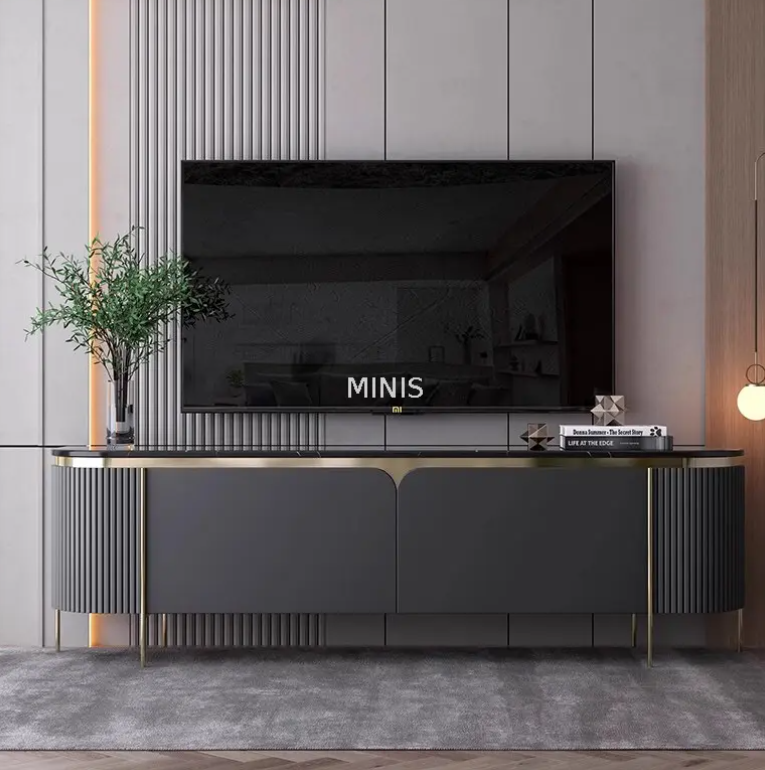 غرفة المعيشة أنيقة خزانة الأرضية الرمادي الذهب التليفزيون