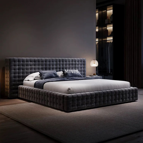 أثاث غرفة نوم الكبار سرير مخملي فاخر من القماش الرمادي الكبير 