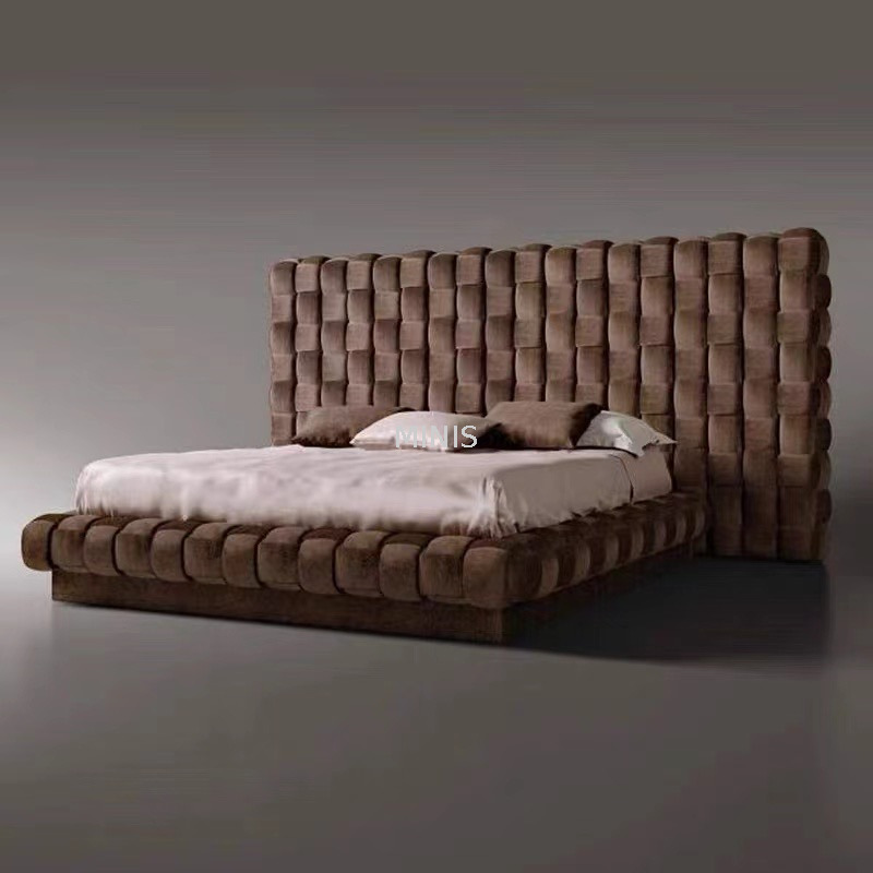 أثاث غرفة نوم الكبار سرير مخملي فاخر من القماش الرمادي الكبير 