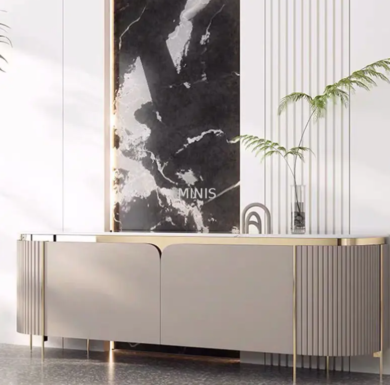 غرفة المعيشة أنيقة خزانة الأرضية الرمادي الذهب التليفزيون